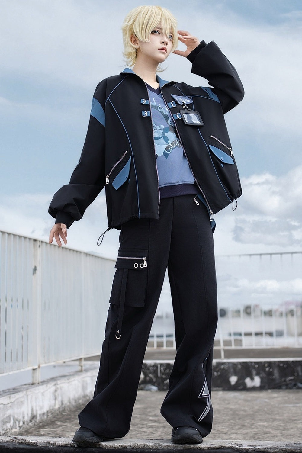 Schwarz-blaues Colorblock-Workwear-Jacken-Sweatshirt und weite Hose im Set