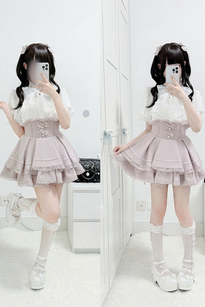 Lace Butterfly-Sleeve Blouse+Skirt