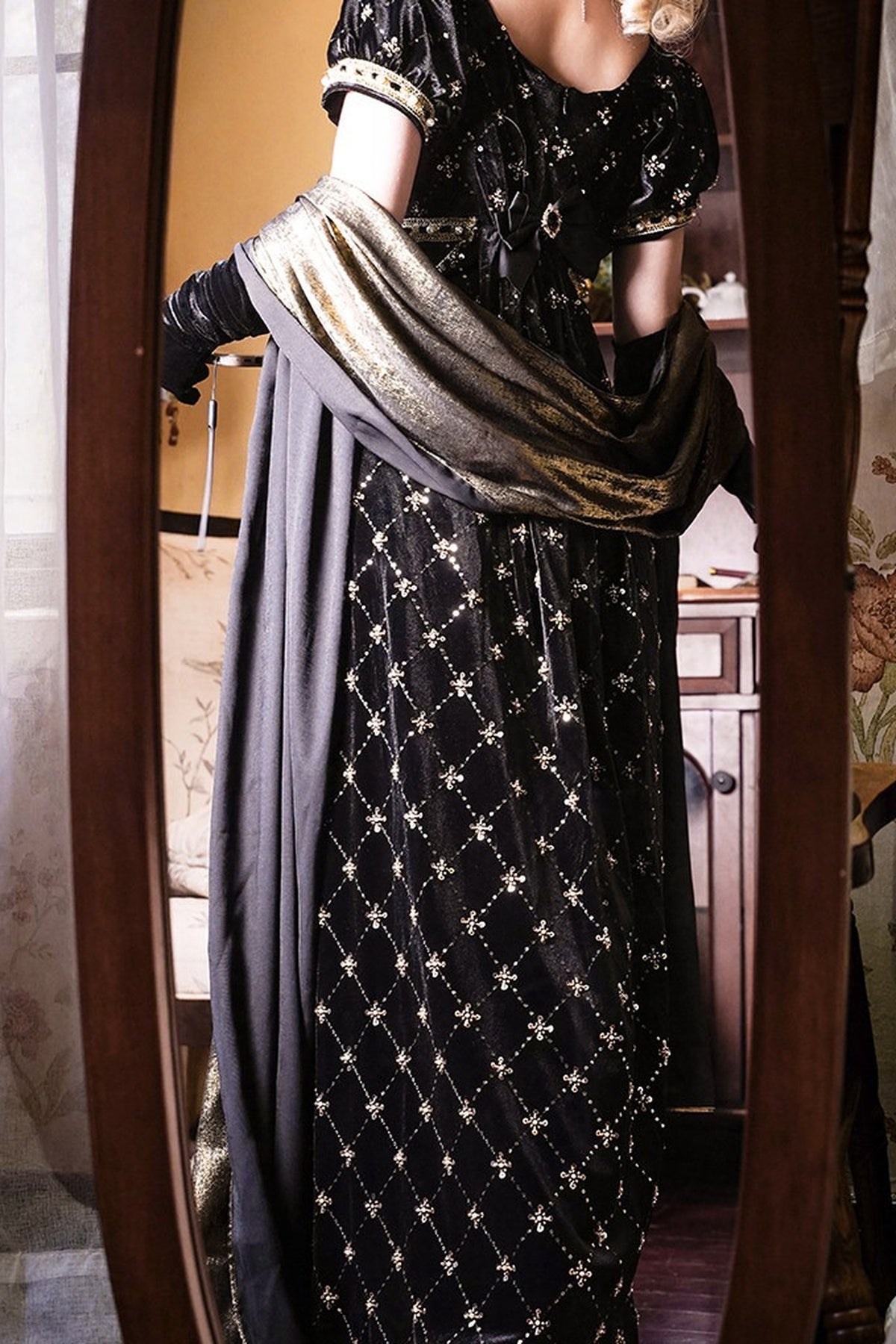 Black Gold Beaded Empire Dress