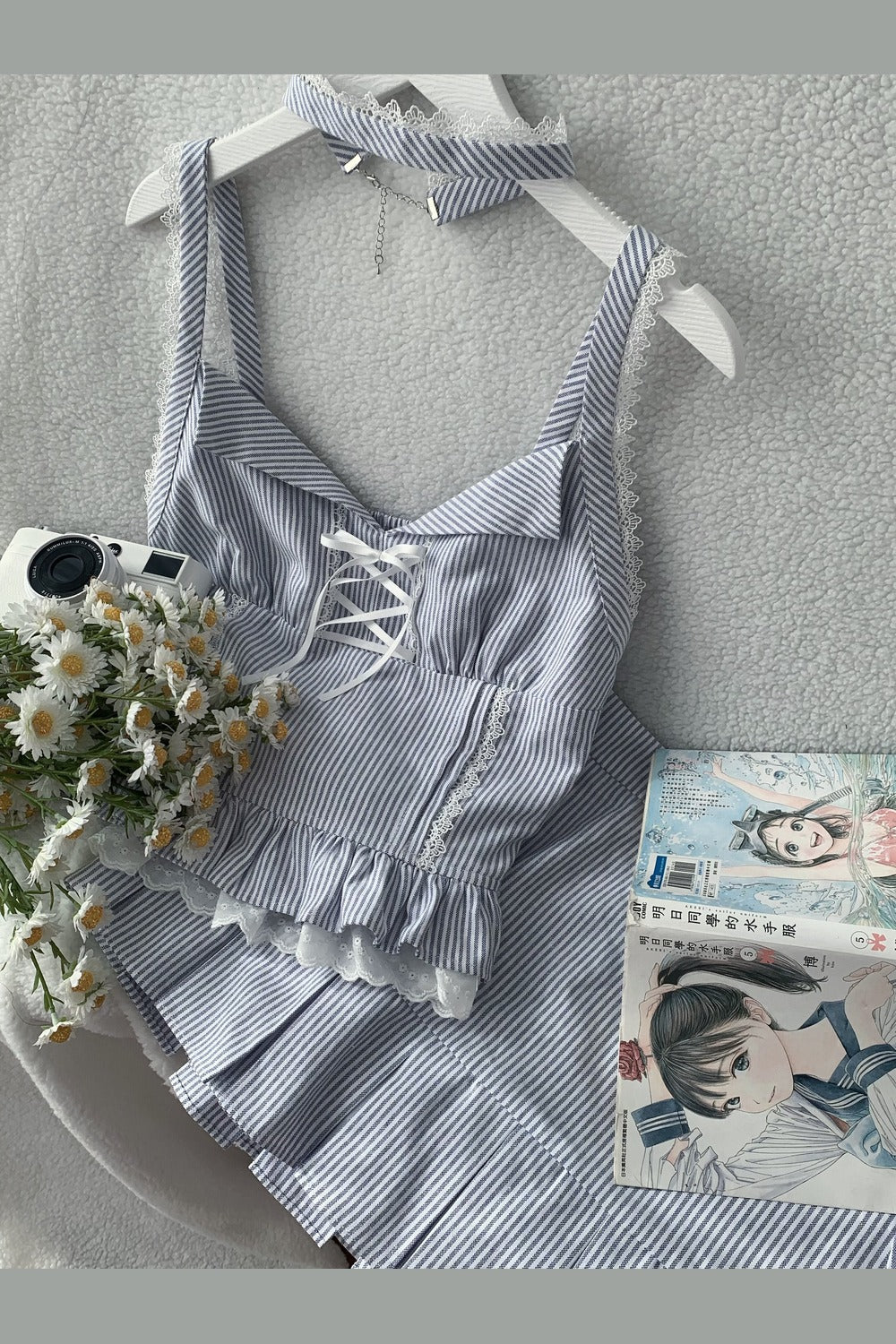 ブルーストライプキャミソールトップス+アウター+スカート