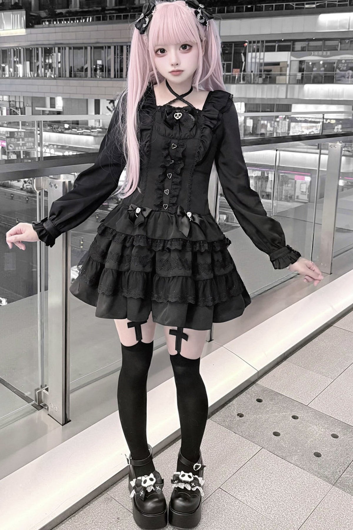 Lace Long Sleeve Cross-Tie Bow Dress