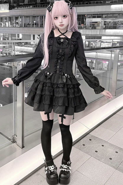 Lace Long Sleeve Cross-Tie Bow Dress