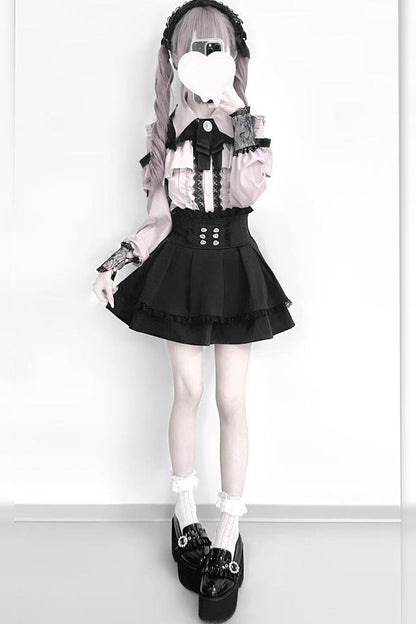 [Pre-order] Cold Shoulder Heart Buckle Long Sleeve Ruffle Lace Blouse with Bow Tie + Lace-Trim Pleated Mini Skirt Set