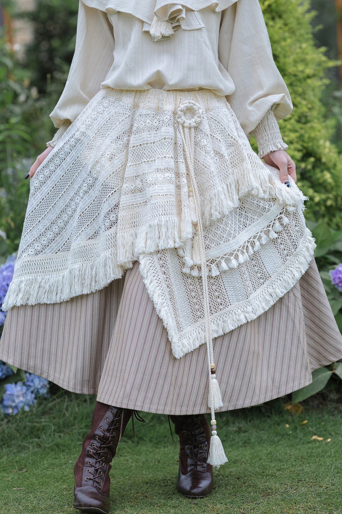 Irregular Hollow Lace Tassel Skirt