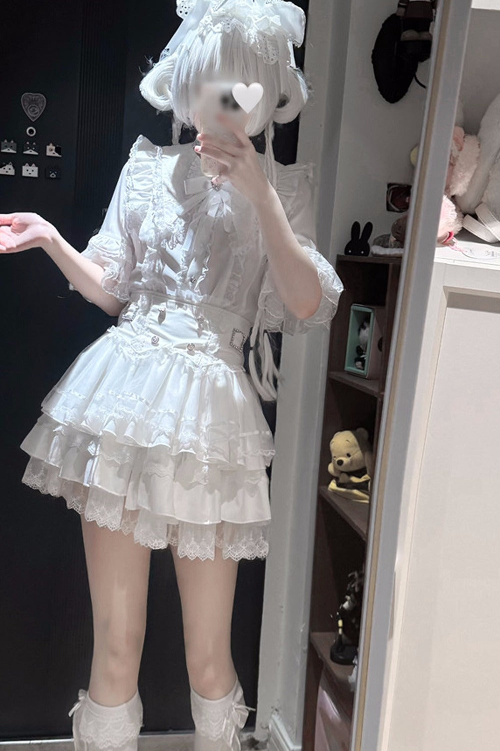Cherry Short-Sleeved Lace Collar Shirt and Skirt Set-Up