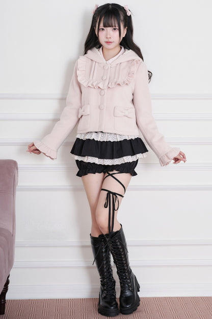 Ruffle Hooded Wool Jacket