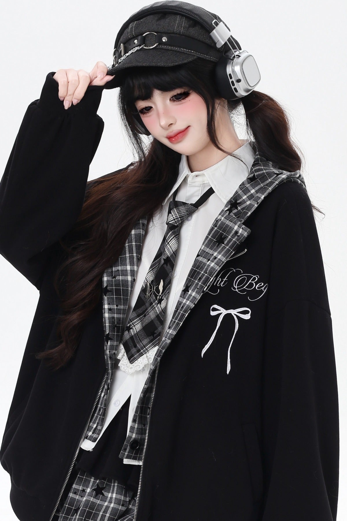 Plaid Rabbit Ear Embroidered Hooded Jacket