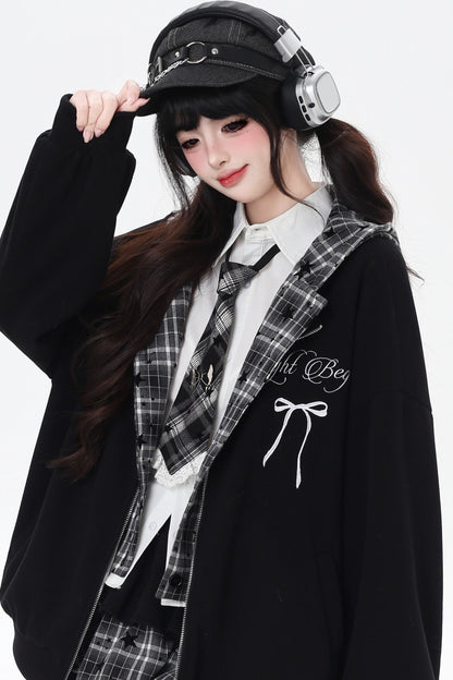 Plaid Rabbit Ear Embroidered Hooded Jacket