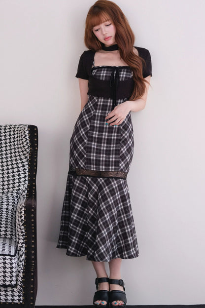 [Vorbestellung] Klassisches kariertes langes Kleid + Cardigan