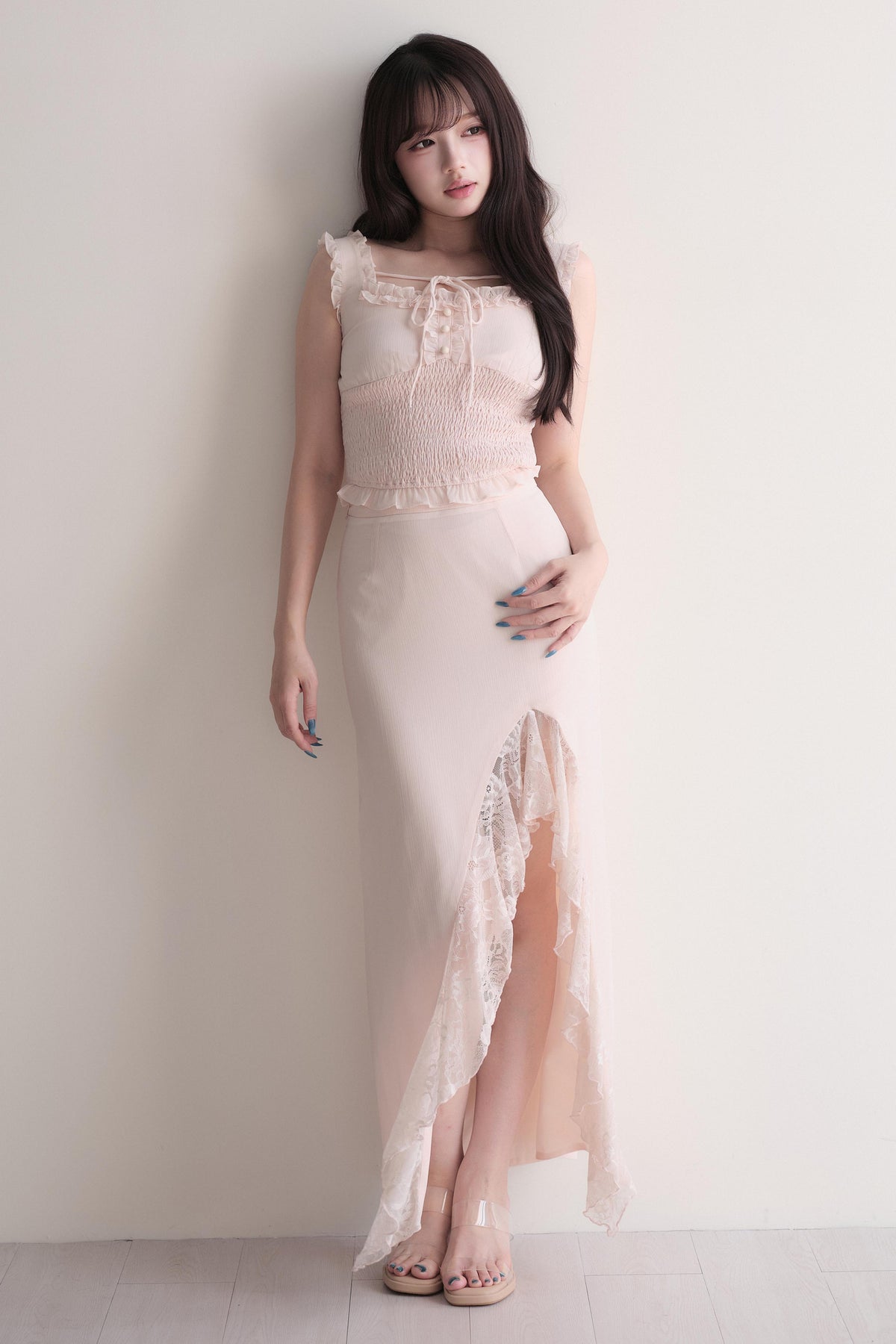 Elegant Ruffle Top & Lace Slit Skirt Set