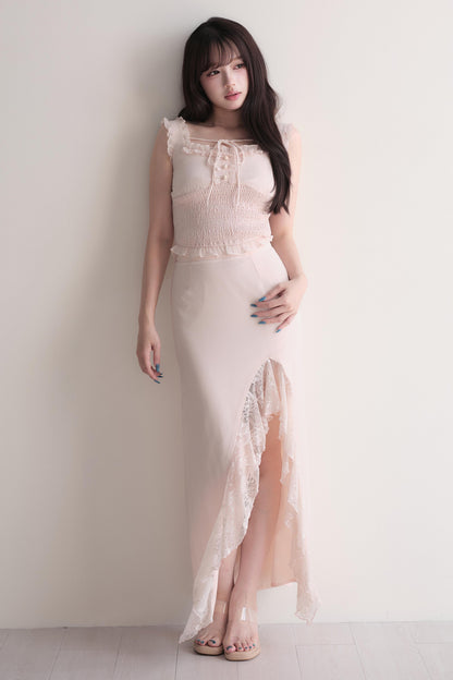 Elegant Ruffle Top & Lace Slit Skirt Set