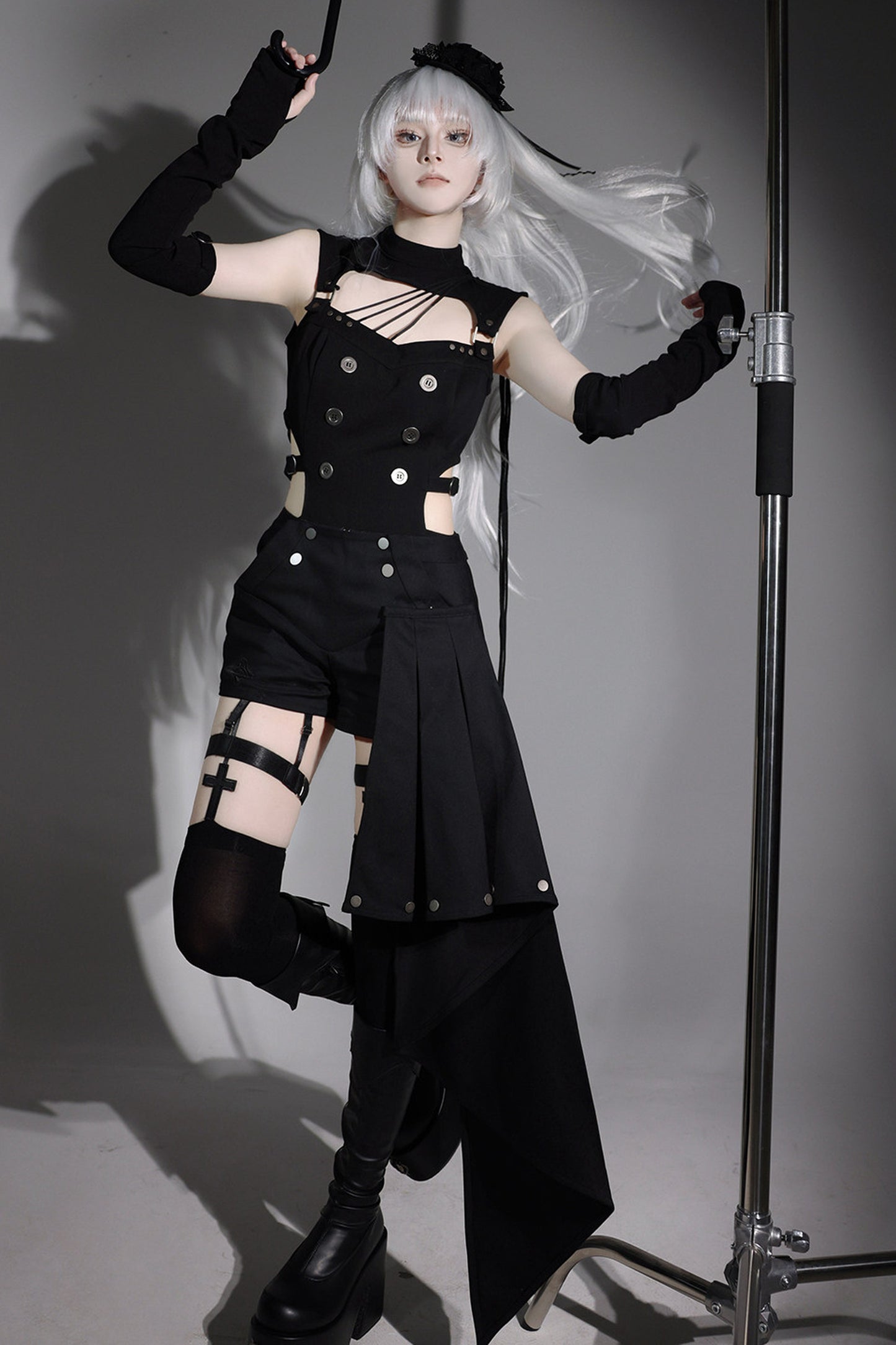 Top cyber gotico lolita + pantaloni + scaldabraccia