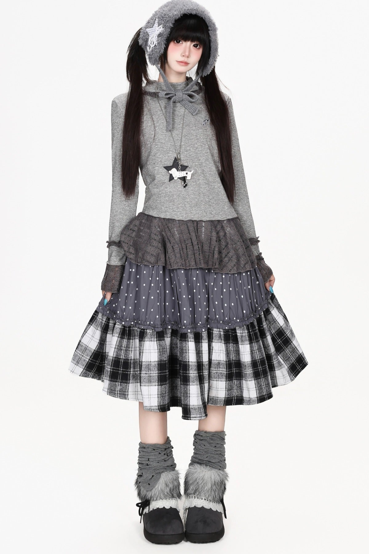 Patchwork Polka Dot Plaid Skirt
