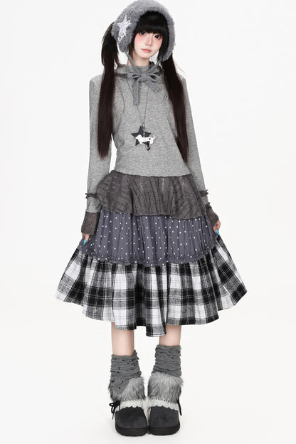 Patchwork Polka Dot Plaid Skirt