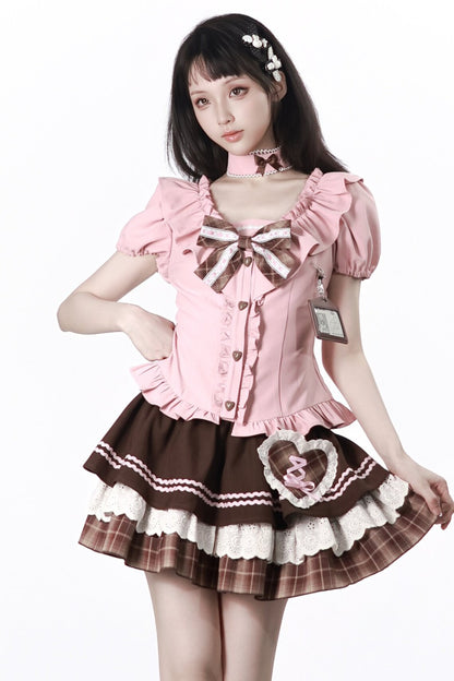 Heart Lace Shirt And Cake Skirt Set-Up