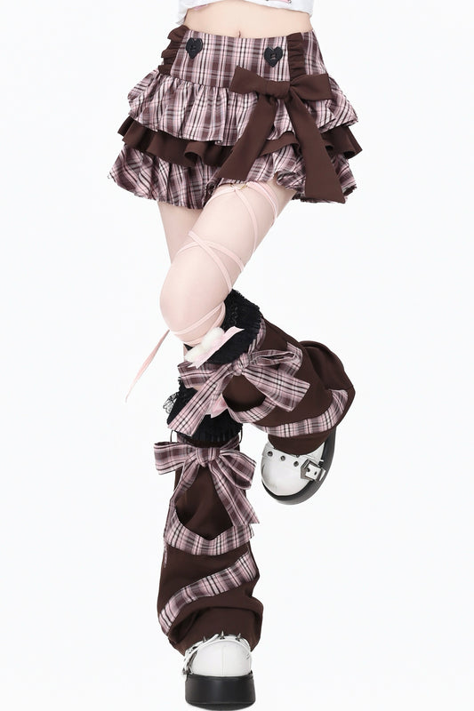 Plaid Bow Fluffy Cake Skirt With Leg Warmers Set