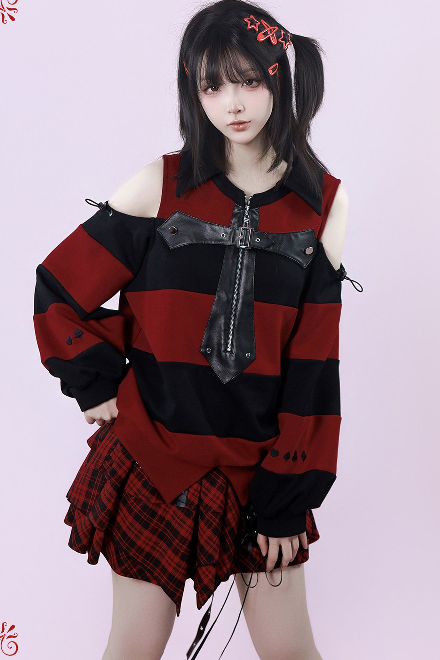 Striped Leather Trim Off-Shoulder Sweatshirt
