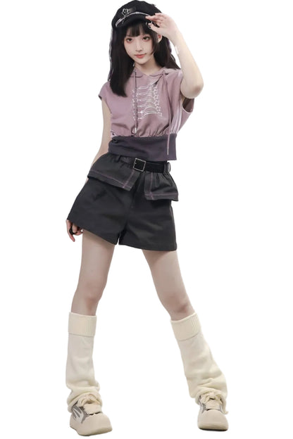 Gray-Purple T-Shirt With Skirt and Pants Set-Up