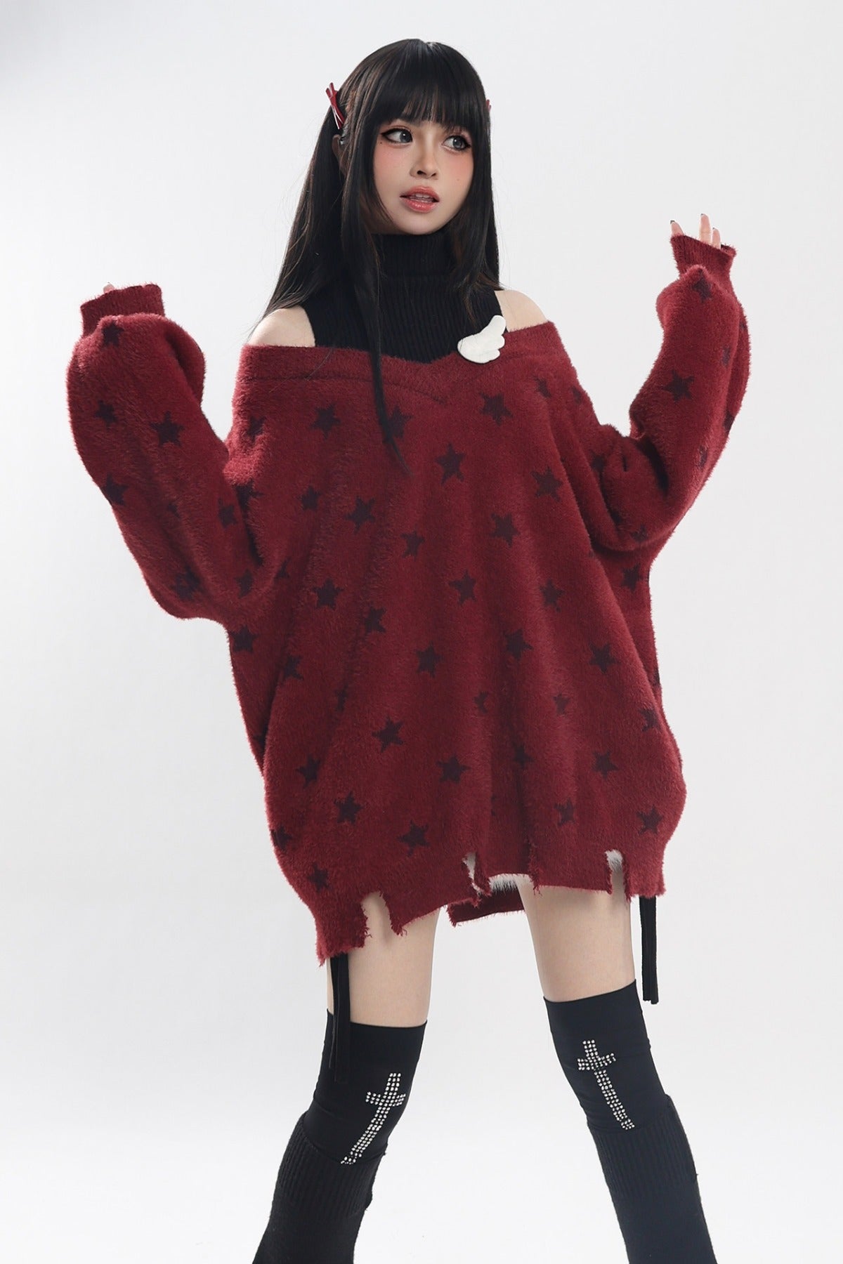 Star Off-Shoulder Layered-Look Sweater