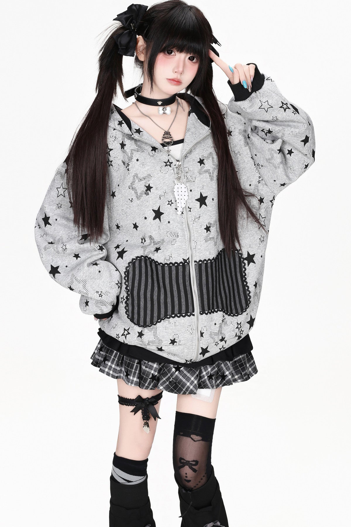Star Print Hooded Sweatshirt Jacket