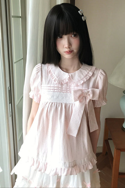 Loose Peach Textured Plaid Doll Shirt And Lace Dress Set-Up