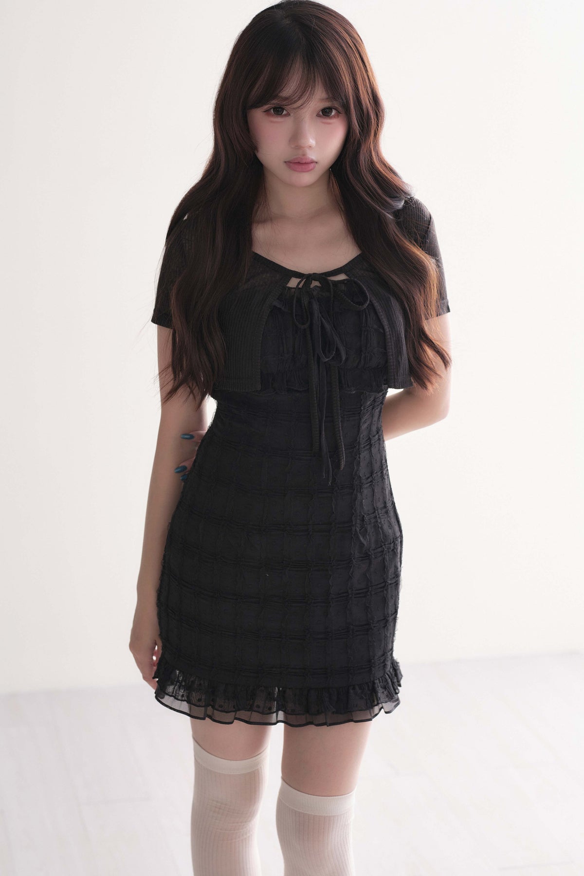 Elegant Ribbon Cardigan & Lace Dress Set