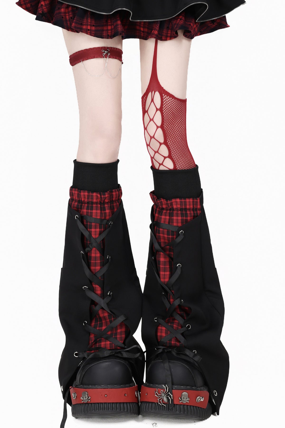 Asymmetrical Plaid Tie-Up Long Sleeve T-Shirt Set-Up