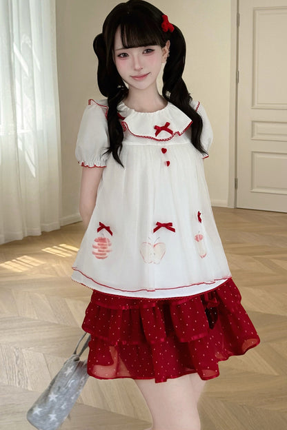 Loose Colorblock Apple Print Babydoll Top and Skirt Set-Up
