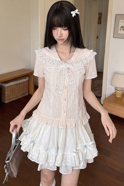 Pink Plaid Lace Trim Tie Top and Skirt Set-Up