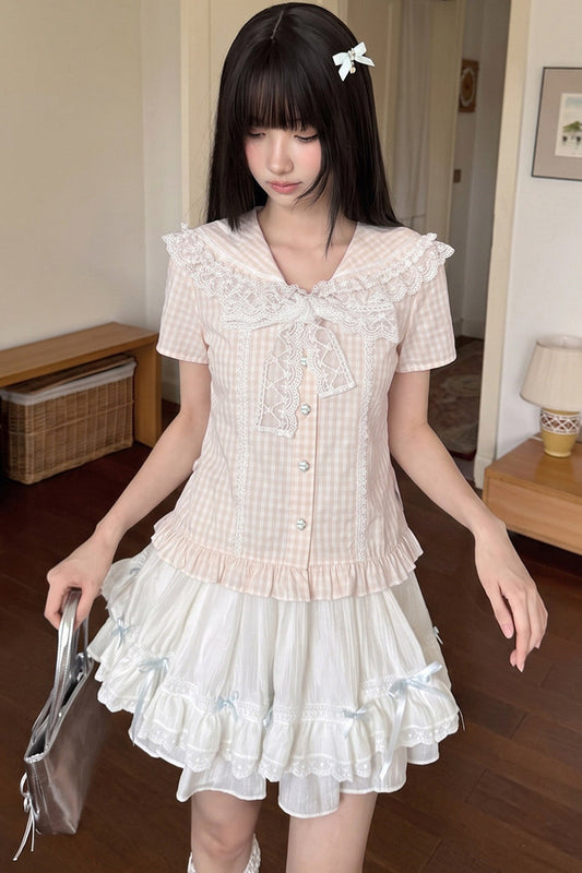 Pink Plaid Lace Trim Tie Top and Skirt Set-Up