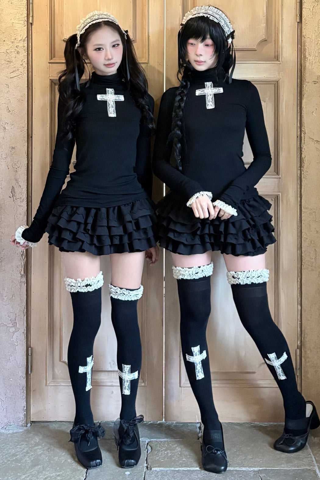 Lace Cross Black Base Shirt and Patchwork Tutu Skirt Set-Up