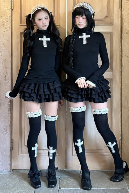 Lace Cross Black Base Shirt and Patchwork Tutu Skirt Set-Up