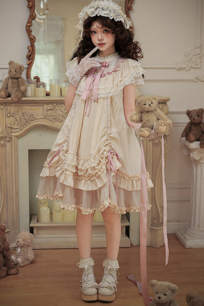 Milchtee-rosa Lolita-Kleid mit Puppen-Rüschen