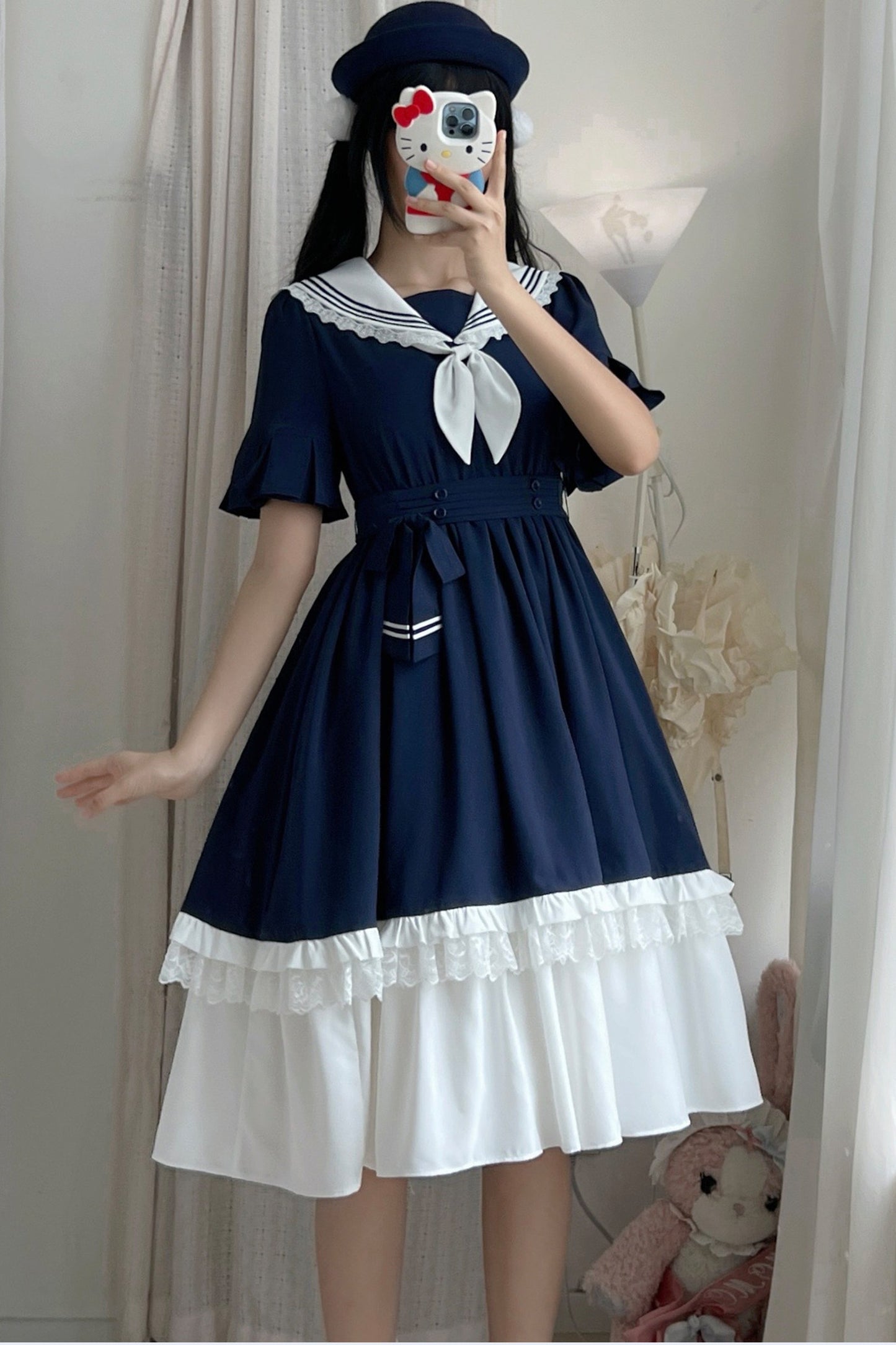 College-Style Ribbon Sailor Collar Flared Dress
