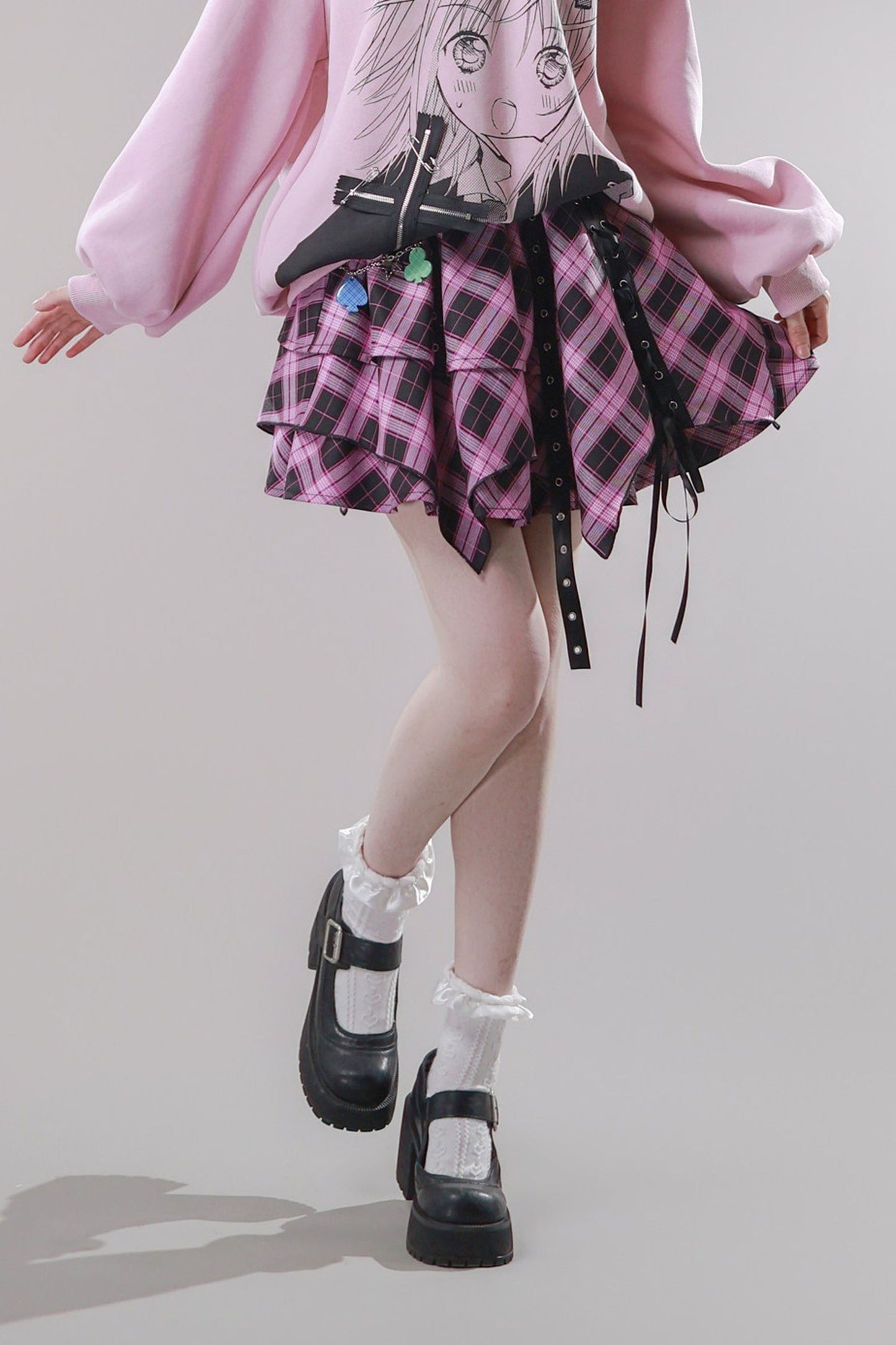 Pink Plaid Chain Tiered Skirt