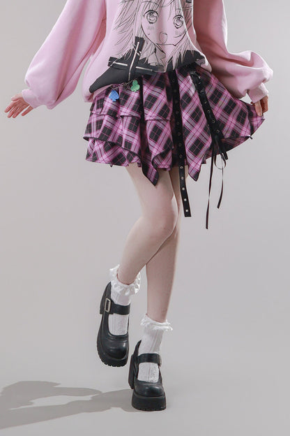 Pink Plaid Chain Tiered Skirt