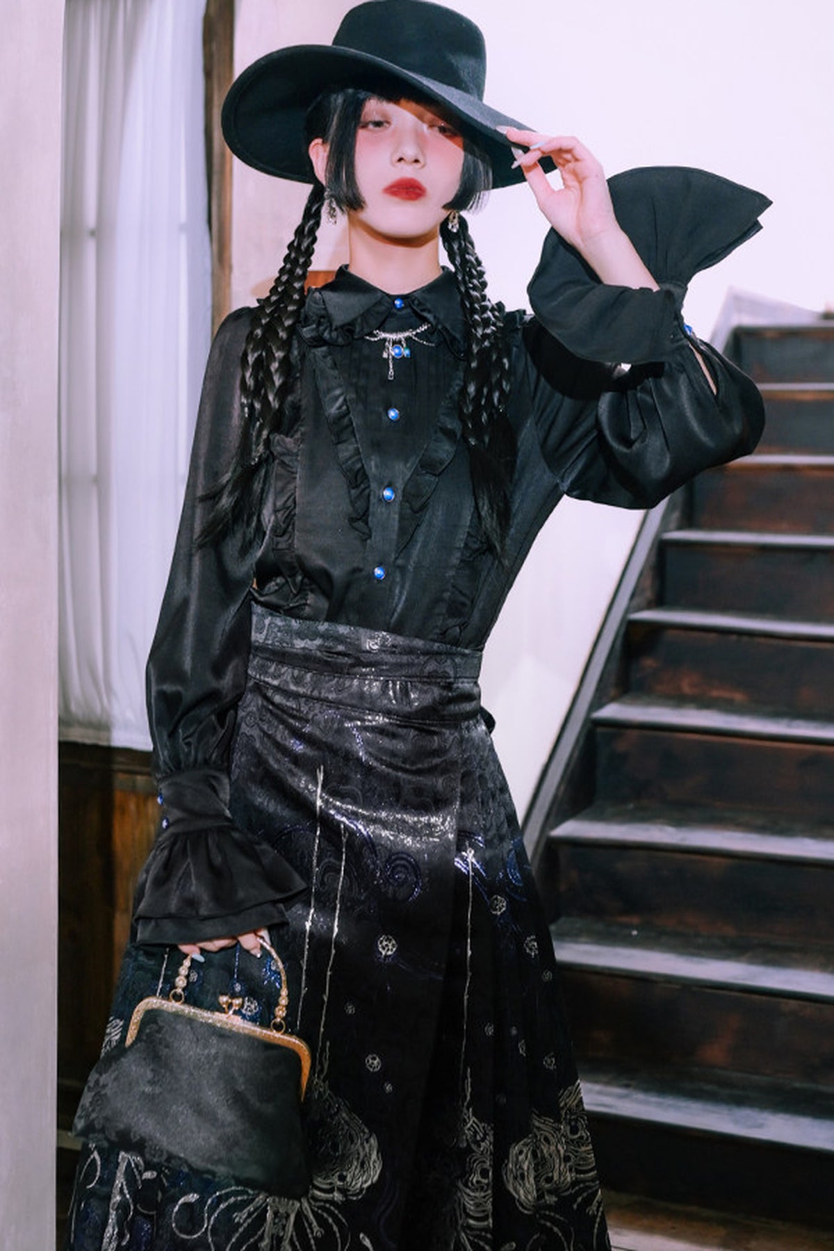 Blue Tears Patchwork Lace Lantern Sleeve Shirt