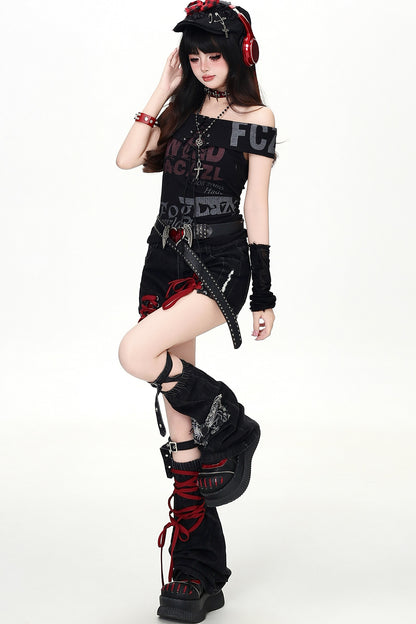 Jirai Kei Rock Off-Shoulder T-Shirt
