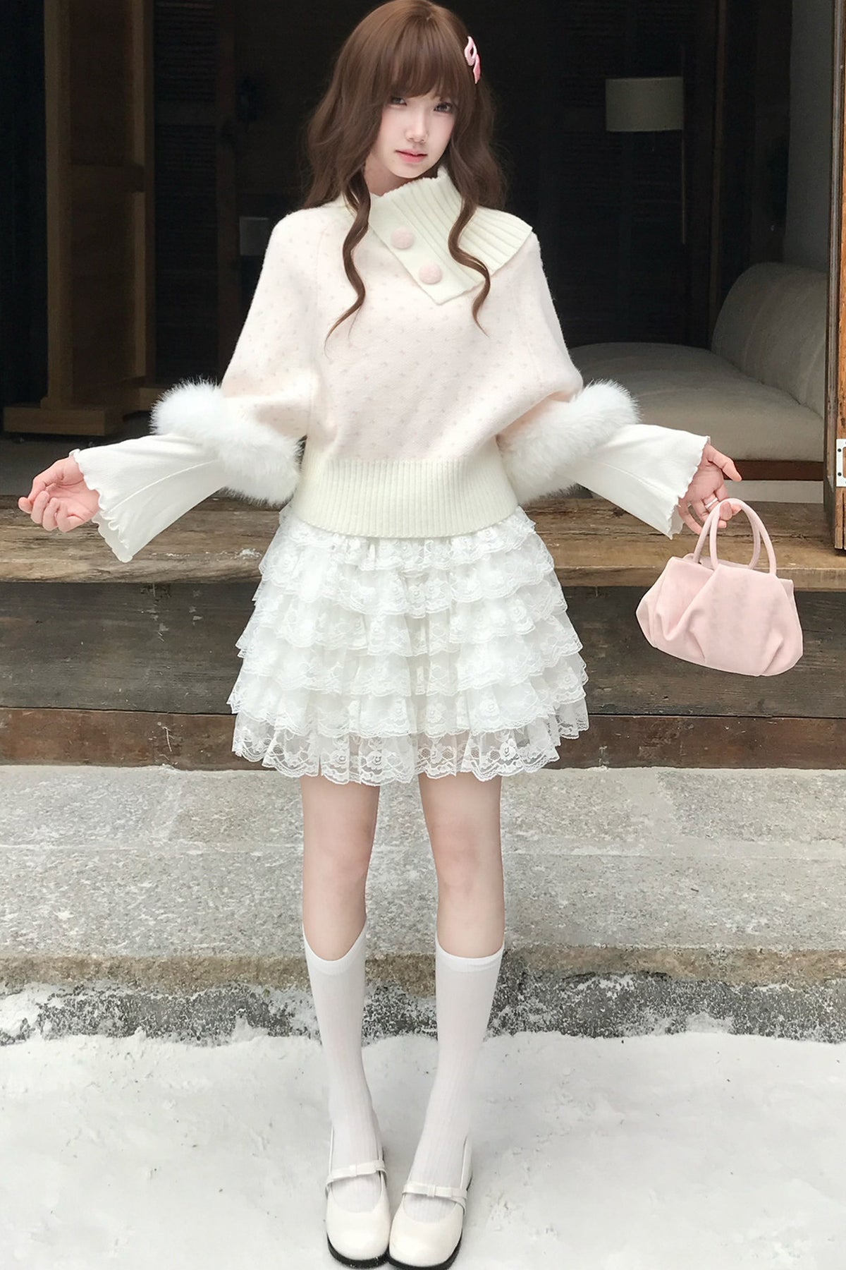 Ensemble jupe et pull cape rose en fausse fourrure