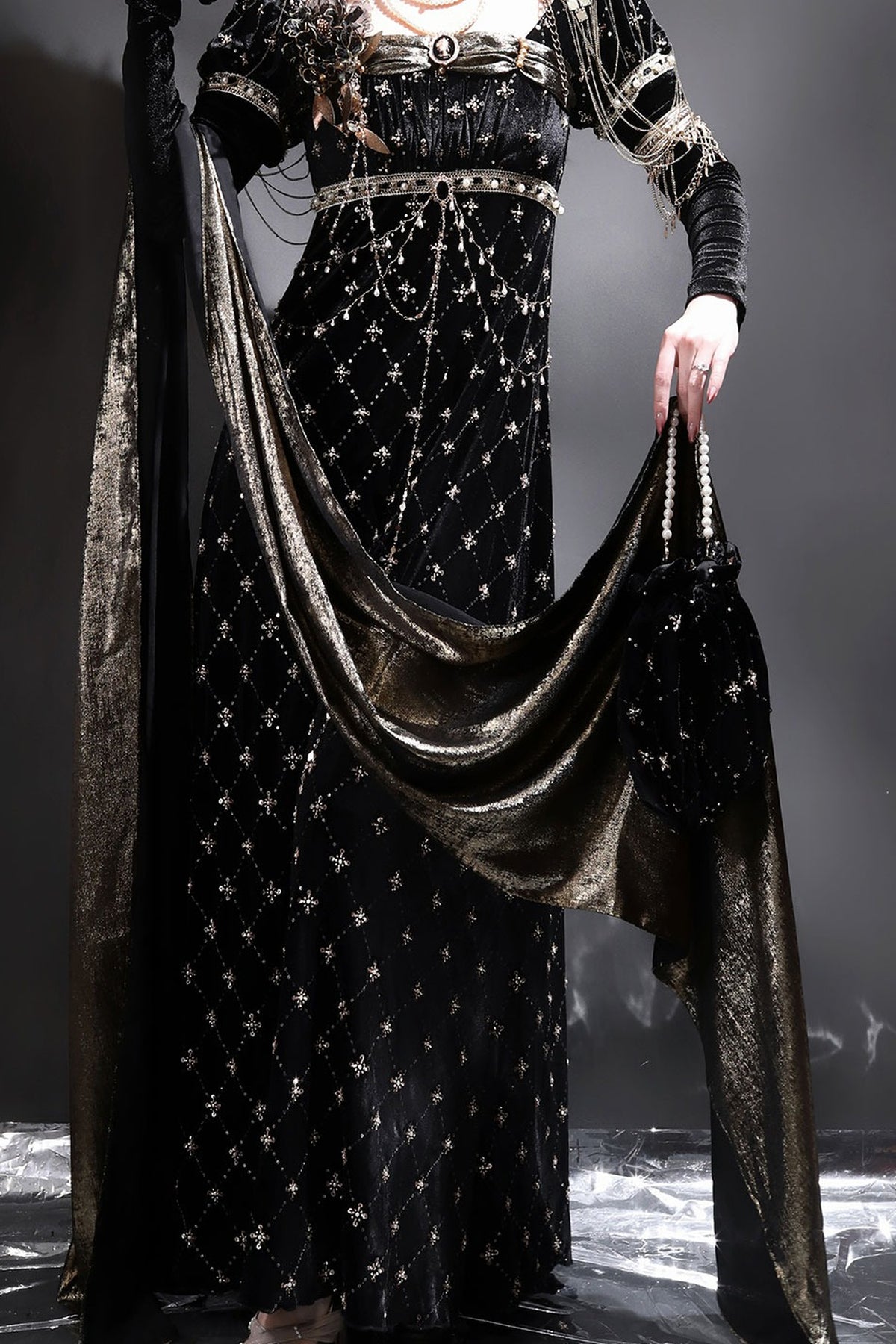Black Gold Beaded Empire Dress