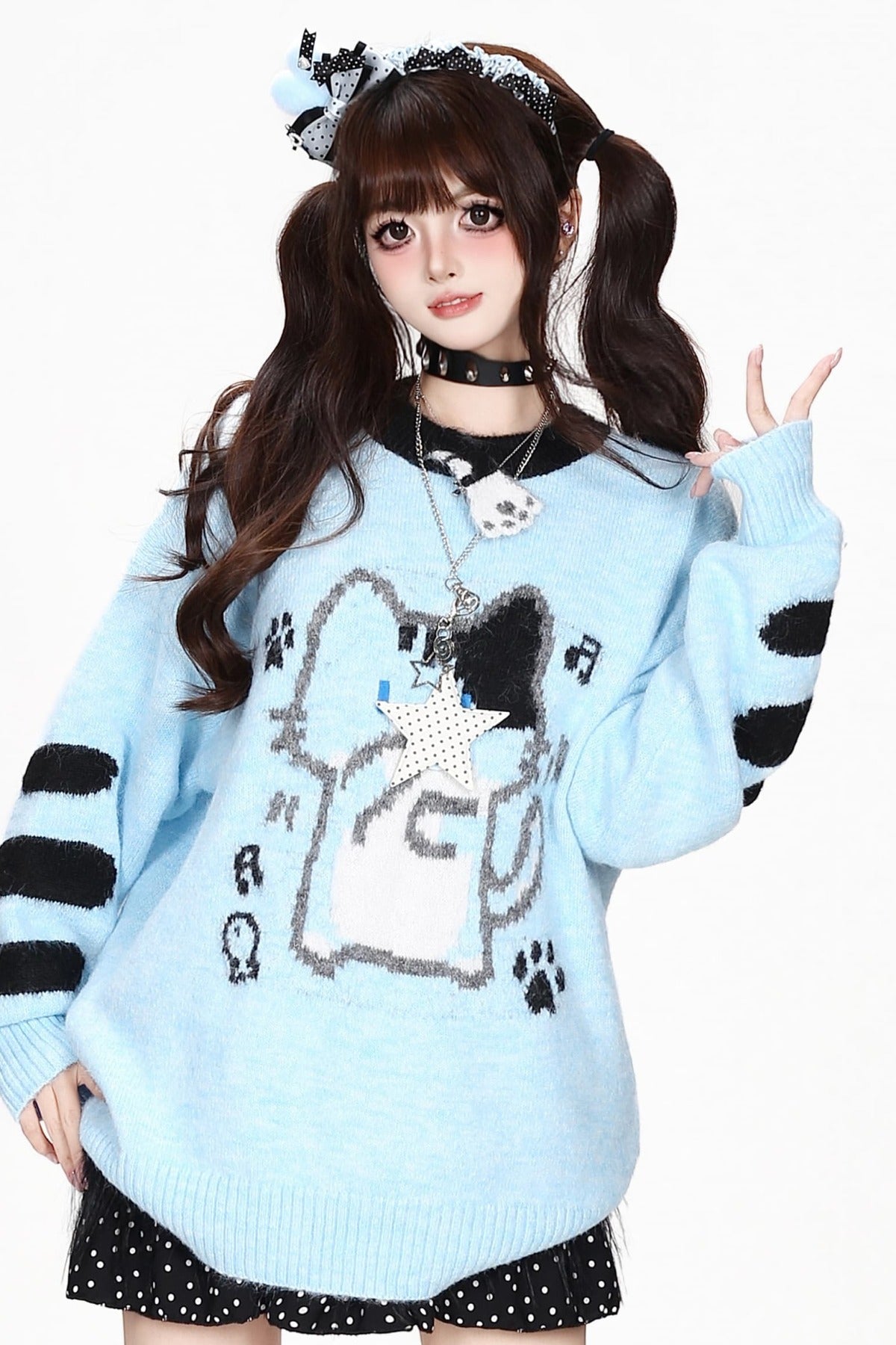 Cat Round-Neck Loose Knit Sweater