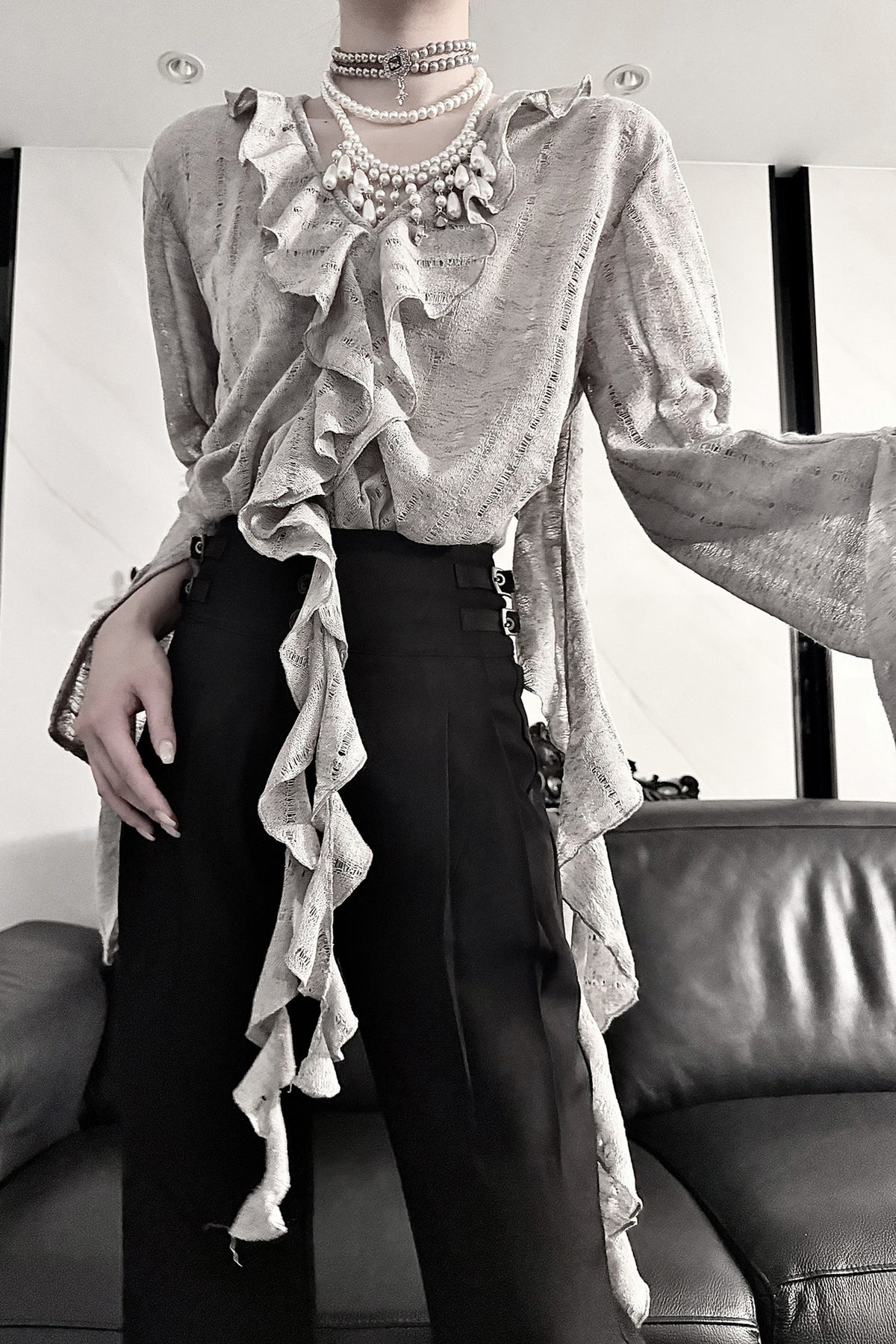 Ruffle V-Neck Lace Blouse