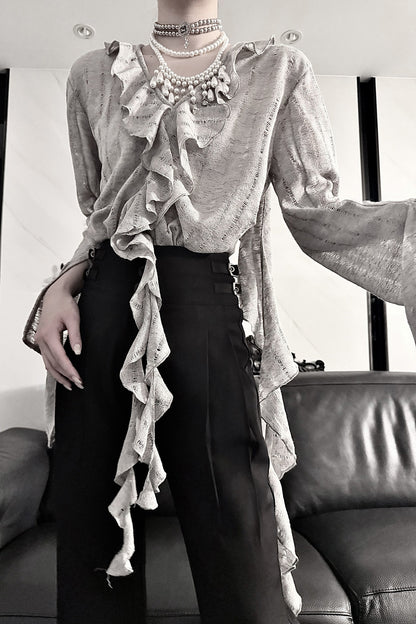 Ruffle V-Neck Lace Blouse