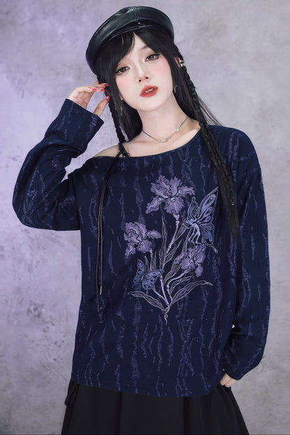 Tee-shirt épaules dénudées à manches longues et imprimé iris