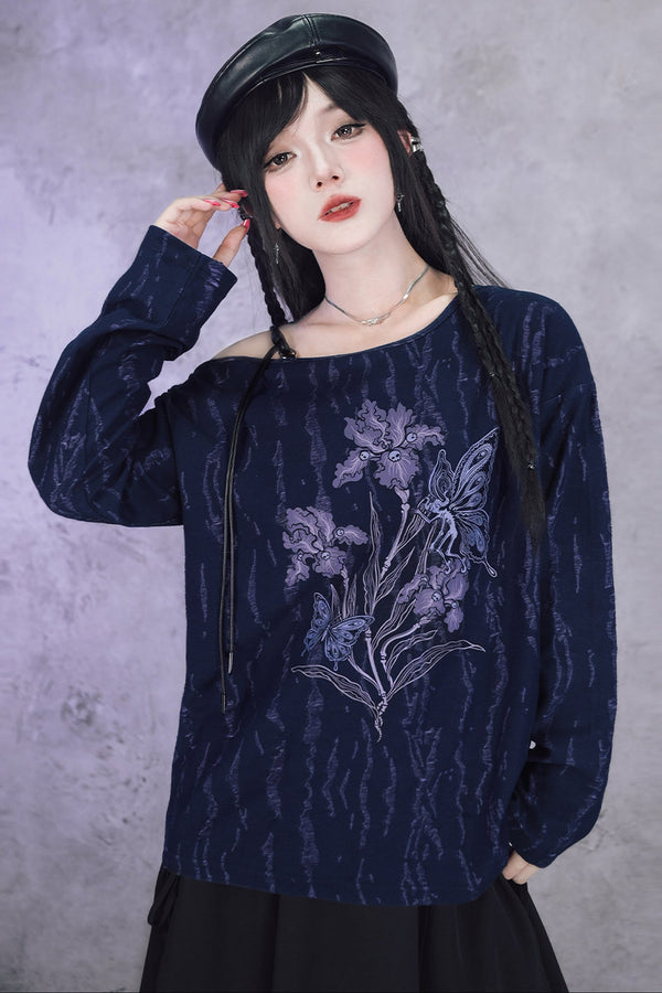 Iris Print Long-Sleeve Off-Shoulder T-Shirt