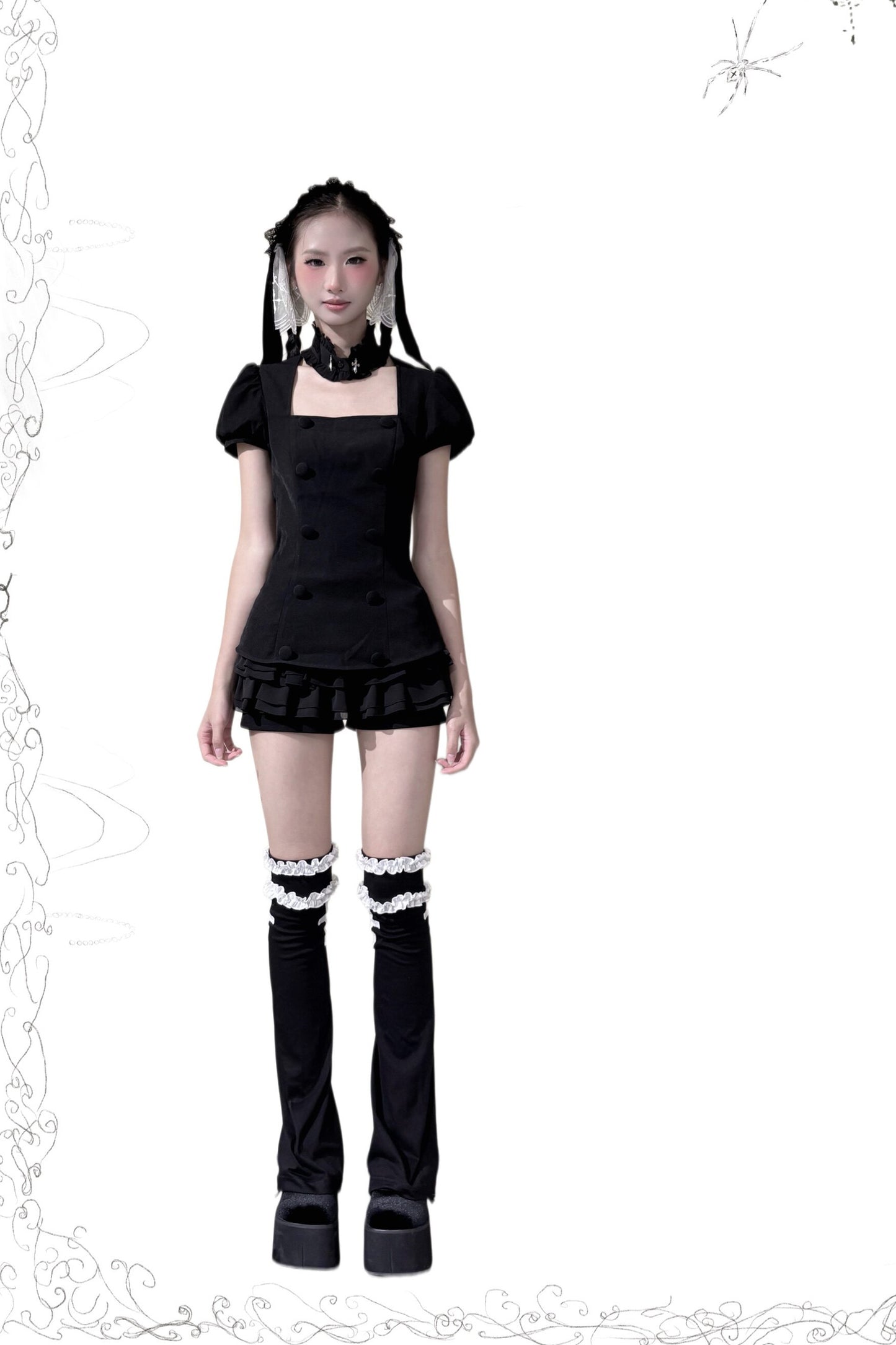 Soft Gothic Ruffle Puff-Sleeve Blazer Set-Up