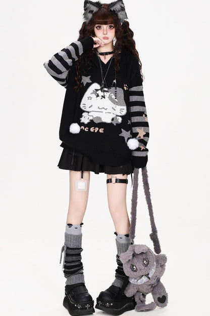 Cat Eating Fish Jacquard Hooded Sweater