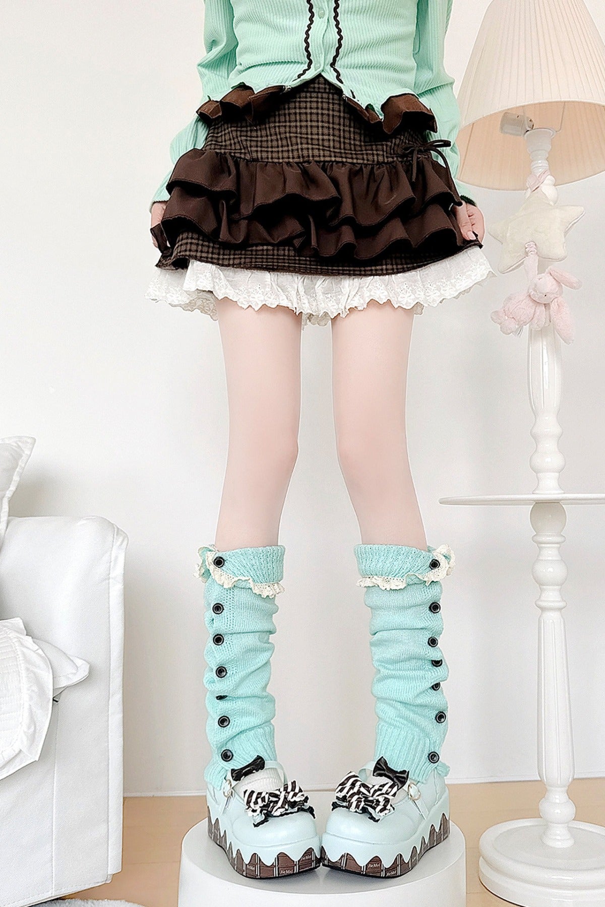 Mint Green Lace Button Leg Warmers