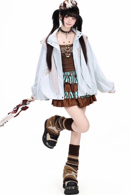 Plaid Bow Embroidered Hooded Suede Jacket