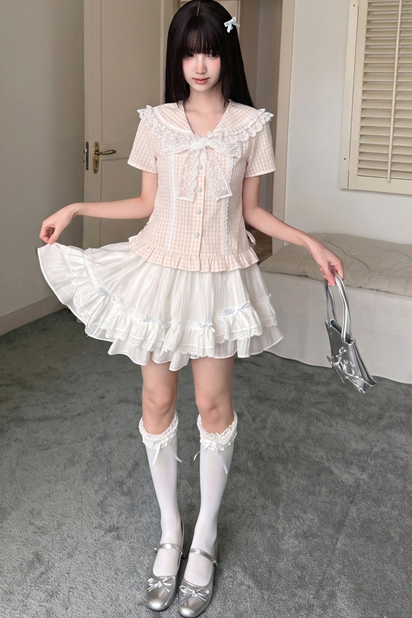 Pink Plaid Lace Trim Tie Top and Skirt Set-Up